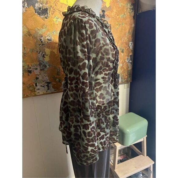 Perch Sheer Animal Print Green Tie Back Blouse W/ Ruffles 2x - Picture 3 of 8